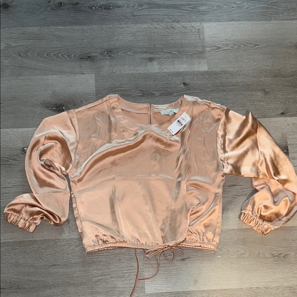 LOFT Blush Tan Puff Sleeve Satin Crop Blouse